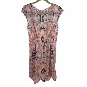 J.Crew Pink Marbled Print Silk Chiffon Cap-Sleeve A-Line Knee-Length Dress Size